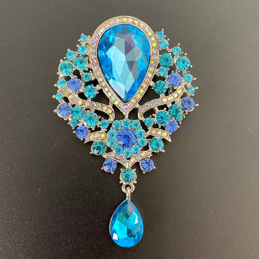 Large Royal Blue & Aqua Rhinestone Statement Brooch Pin Dangle Teardrop